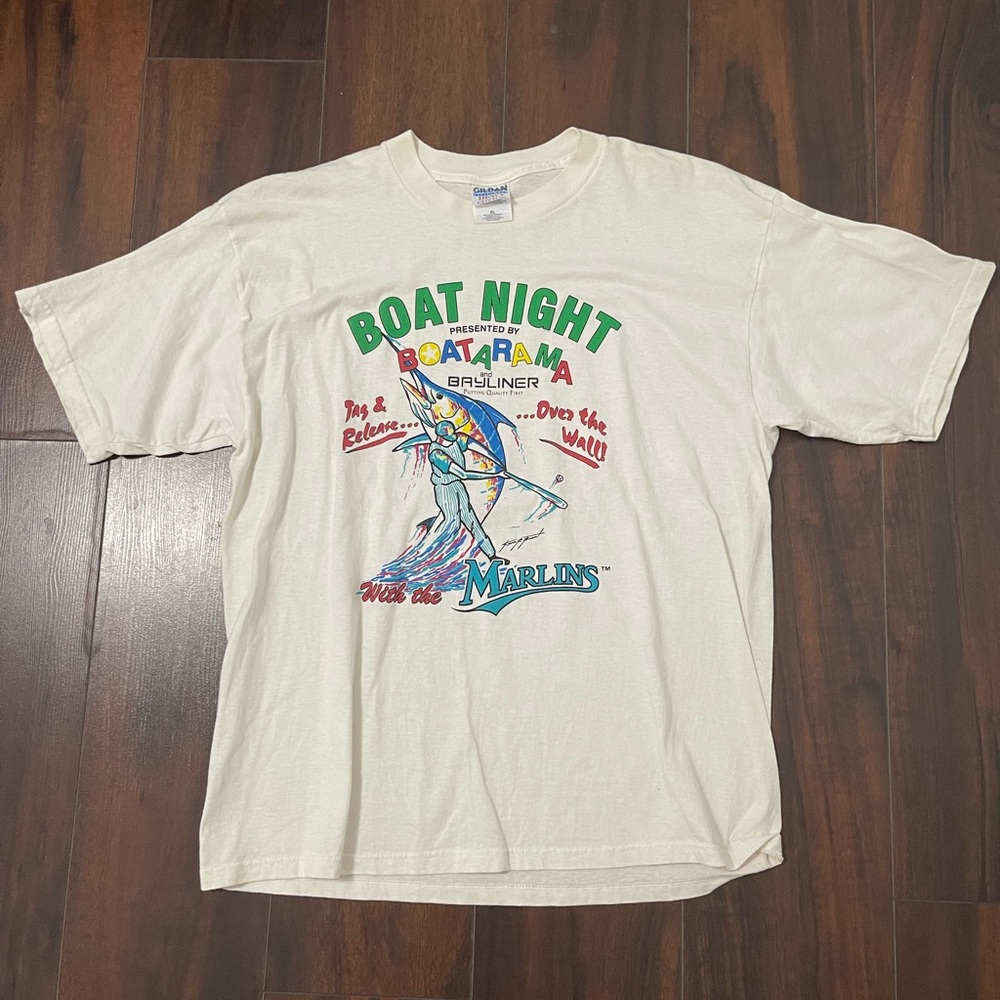 Gildan 90s Florida Marlins “Boat Night” White Graphic T-shirt Mens XL